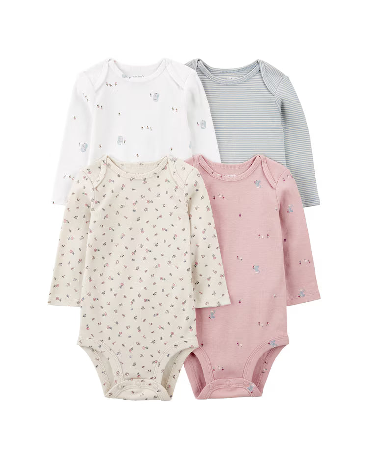 Kit body bebê 4 peças manga longa coruja floral multicor